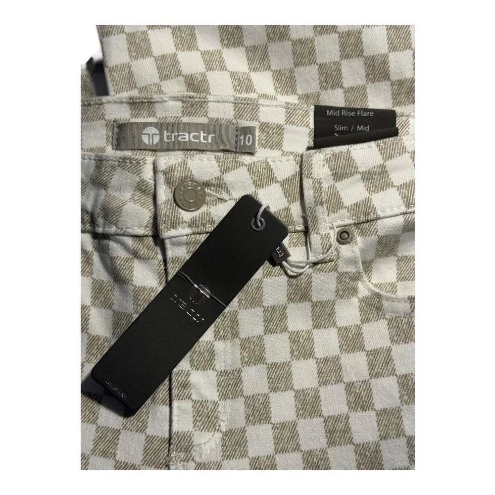 Tractr Kids Tan White Checkered Mid Rise Flare‎ Jeans Size 10 New with Tags NWT
